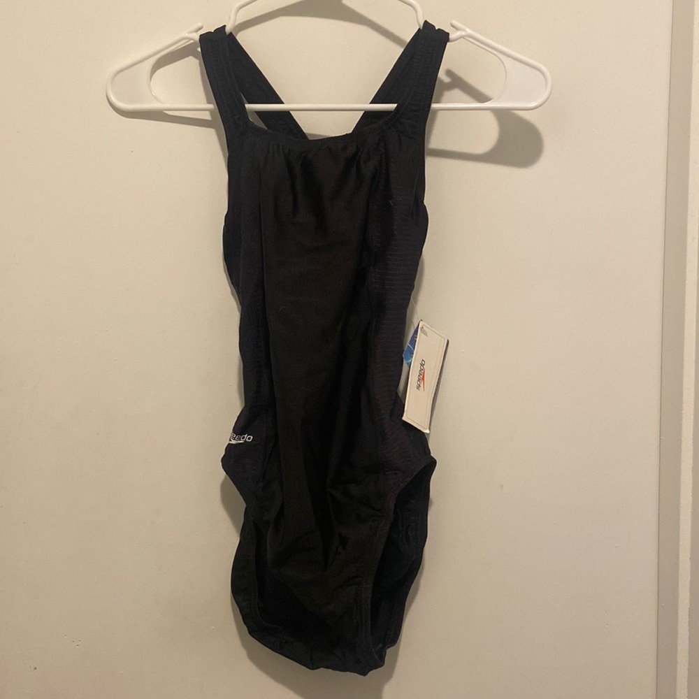 Black speedo one piece swimsuit.